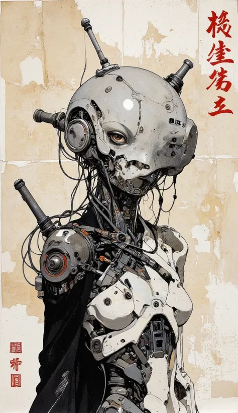 Drawing, portrait of a faceless cyborg with mechanical parts and cables, intricate details, Chinese ink and watercolor technique on rice paper, water stains, monochrome, Japanese letters in red.
