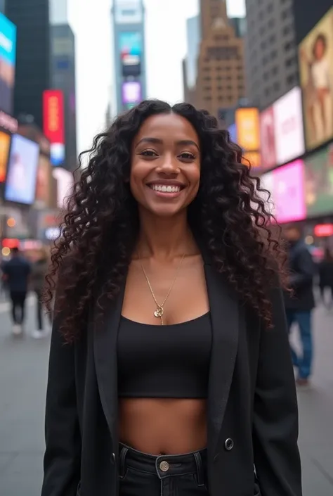  Photo of a woman with a happy and confident expression wearing a casual and elegant outfit, She doesnt wear a blazer ,  and the photo being a little distant from her ,  with the background being the view of New York in Times Square .  And her hair is dark...