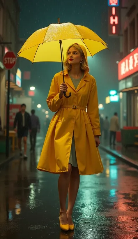 (((Ultra-realistic))) (((photorealism:1.2))), Ultra-realistic, photorealistic:1.2, cinematic 1950s atmosphere, Thai woman, blonde, tan fair skin, tall, slender legs, dancing with an umbrella in the rain, wearing a vibrant yellow raincoat with a hood, in a ...