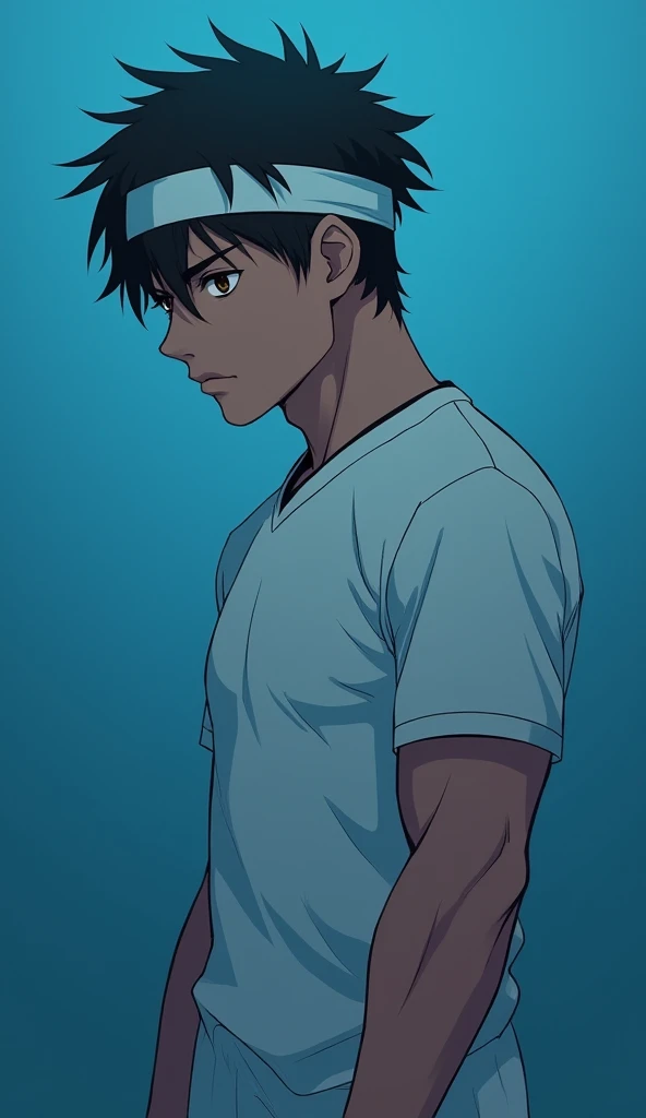 (((anime type image))), ((man)), (((sad))) (clothes in the shade of gradient blue )  soccer player,  black hair,  brown-eyed , athlete&#39;s body,  wearing a white headband, sad.