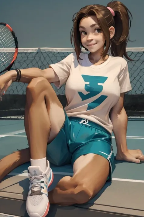 female, brown hair in ponytail, green eyes, monkey, brown fur, brown monkey tail, (((1girl))), (((white t-shirt))), (blue gym shorts), (pink tennis shoes), cute and sexy, full body, large breasts, long legs, smiling