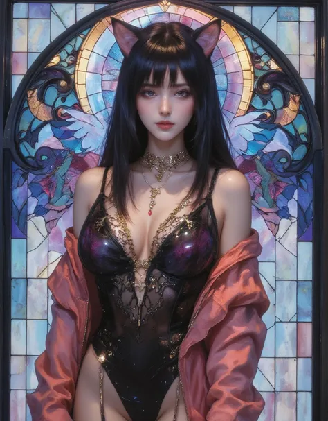 Cat-eared girl, straight long hair, Horizontal fringe hair, wearing bondage outfit, Queening, Adult comic by Alex Varenne, mind-bending visual background, Scenes and situations often evoke dreams and subconscious thoughts. ArsMJStyle, Stained Glass, xijie_...