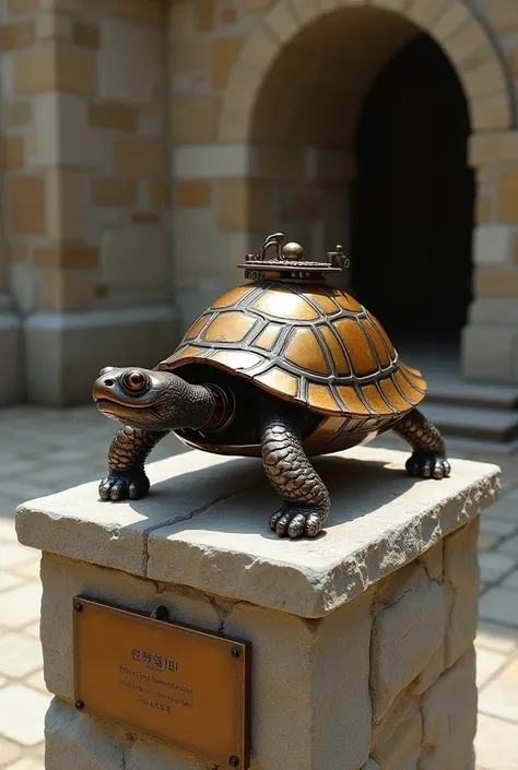 A miniature model of a mechanical turtle on whose pedestal there is a bronze plate.  It is on a stone pedestal with a stone wall in the background. Inside a well-lit stone building .