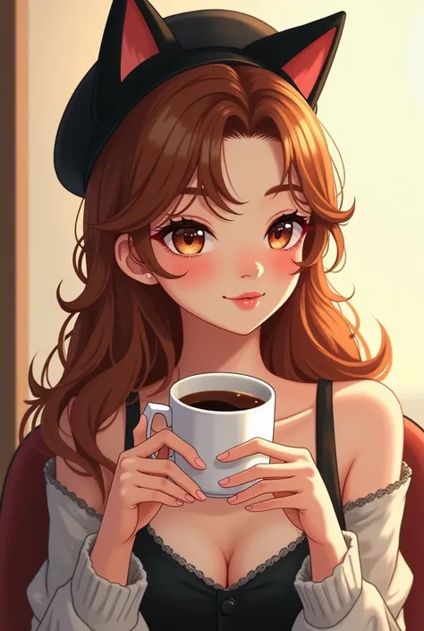 anime style,beautiful Chinese girl,28 year olds,Long curl hair,Caramel brown,Wearing a black cat hat,Sitting and drinking coffee,square size