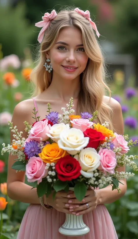 Create an image of a serene garden scene featuring a young woman with long, wavy blonde hair, adorned with a delicate pink bow. She is wearing elegant earrings and subtle makeup that highlights her smile. The woman is looking directly at the viewer, exudin...