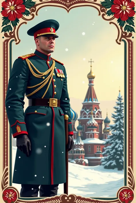 Russian style new year greeting card with a military twist without text, leave free space in the center