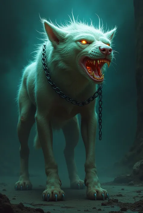 A vicious three-headed dog, the head in the middle barks and the left and right are silent. Make it glow. And around his neck there is a chain around him