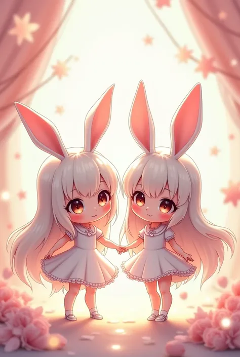 two bunny girls sexy with long white hair and white dresses chibi