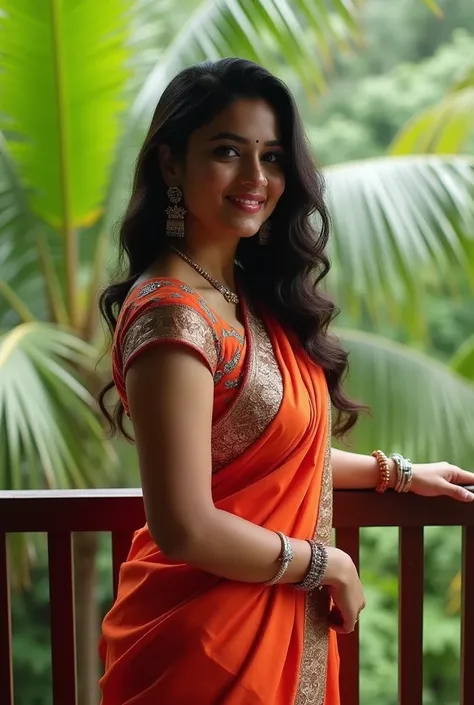 Make it real, realistic, bengali Indian beautiful curvy women, (like actress srabanti chatterjee, like actress srabanti chatterjee), Beautiful face, looking good, goddess Beauty, crystal clear image, ((Forest Finesse, In a modern, forest resort balcony, th...