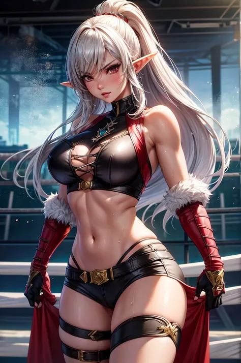 Elf, Katarina Alves, Tekken 7, on the fighting ring, big breast, midriff, wet body, detailed face, detailed body render, high quality, highres, highly detailed, girl, solo, sexy, blush