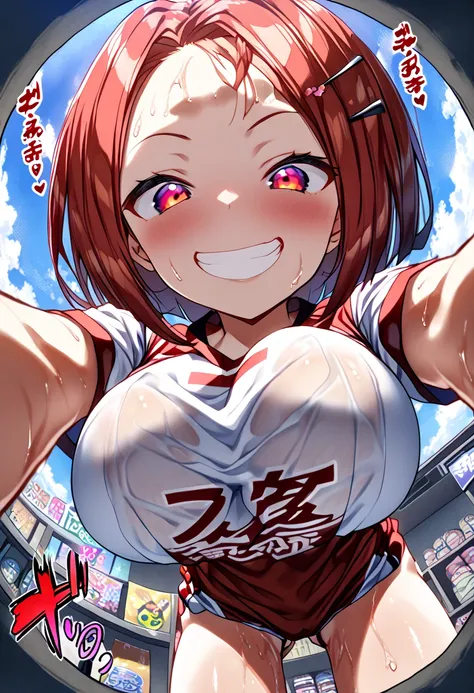 One Girl、basketball uniform、One Curl Bob Cut, Highest quality、Sweaty body、Obscene sound effects、Japanese Moans、Big Breasts、Surprised、(Show your forehead)、hairpin、(View from below:1.5)、(grin:1.3)、(forward-bent posture)、(erotic room)、(Fisheye lens effect:1.3...