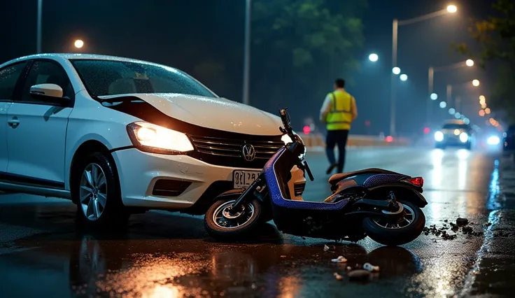 The picture is a high-definition photo of a traffic accident scene at night on a rainy day, where a white car collided with a damaged scooter. The car was on the left side, with severe damage to the front end, the bumper was crumpled, and the internal part...