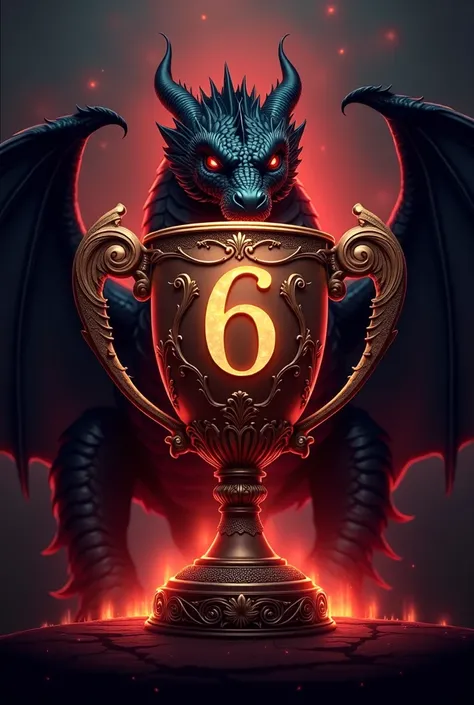 Create an image of a Champions League with the number 6 engraved in the center and a black and red dragon surrounding the cup.