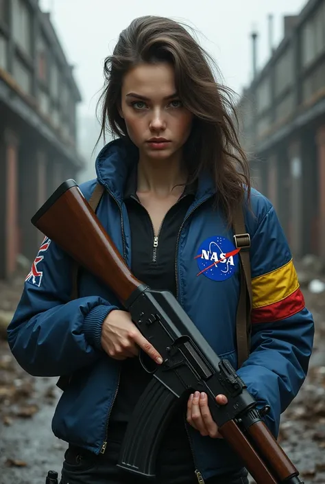 Russian girl with NASA with jacket with Romanian flag on it and holding AK-47 up