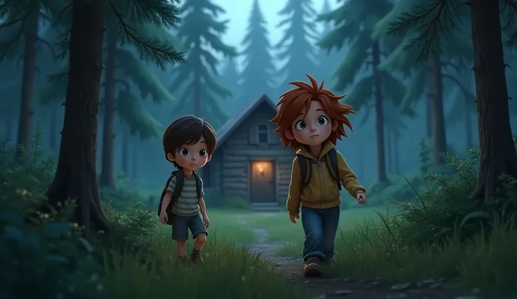 Lila, a  girl with long brown hair, green eyes, and a relieved expression, steps into a small clearing in the forest, her face lighting up with hope. Finn, a  boy with messy red hair, freckles, and blue eyes, looks ahead with a sense of relief, his exhaust...