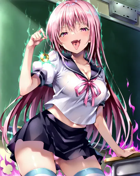 score_9, score_8_up, score_7_up, 1girl,solo, seduce,seductive, looking_down ,kawaii waifu, medium breasts, thighhighs, stripe stocks (white and pink stripes),
short sleeves, classroom background, she is holding a pendulum in one hand (hypnotist holding a p...