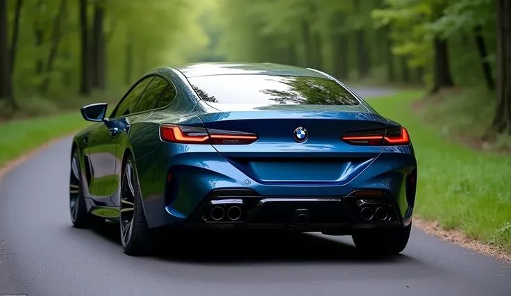 A close back view of a blue 2025 BMW M9 standing on a road