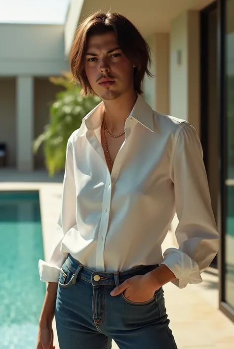 put my face in an elegant white shirt, short hair, a serious face against the background of an exclusive hotel by the pool, jeans, a cigarette in my hand, the photo has to be as realistic as possible.