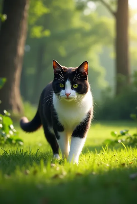 Realistic photo of black and white cat walking at park