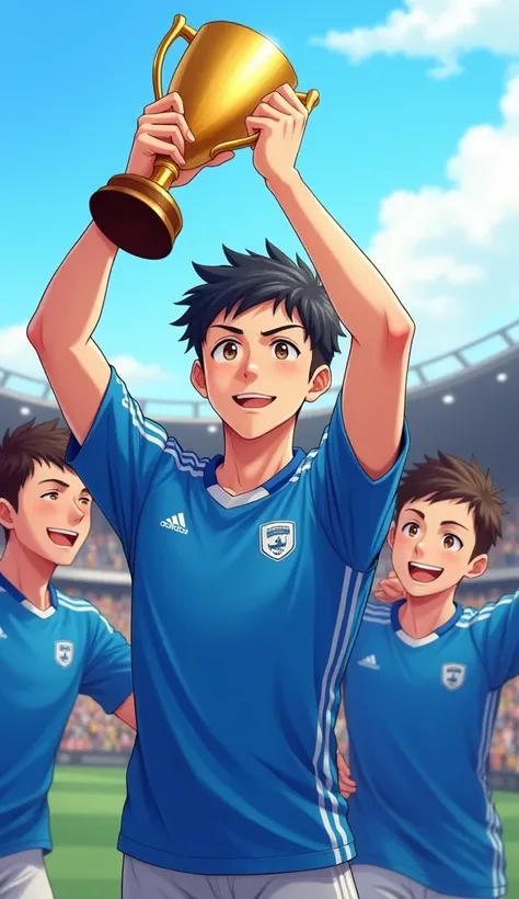 (((anime type image))), (( Young man)), ((( celebrating a victory with friends))) (Raising a trophy ) (clothes in the shade of gradient blue )  soccer player,  black hair,  brown-eyed , athlete&#39;s body, smiling.