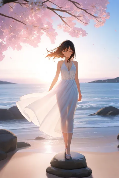 {{{masterpiece}, }}, { Highly Detailed CG Unity 8K Wallpaper},  amazing on the beach,  detailed depiction , Alone, {{Floating Hair}, }, {{cherry blossoms}, }, Outdoor, null, {{wind}, },  detailed background ,  beautiful detailed eyes,  see through : Evenin...