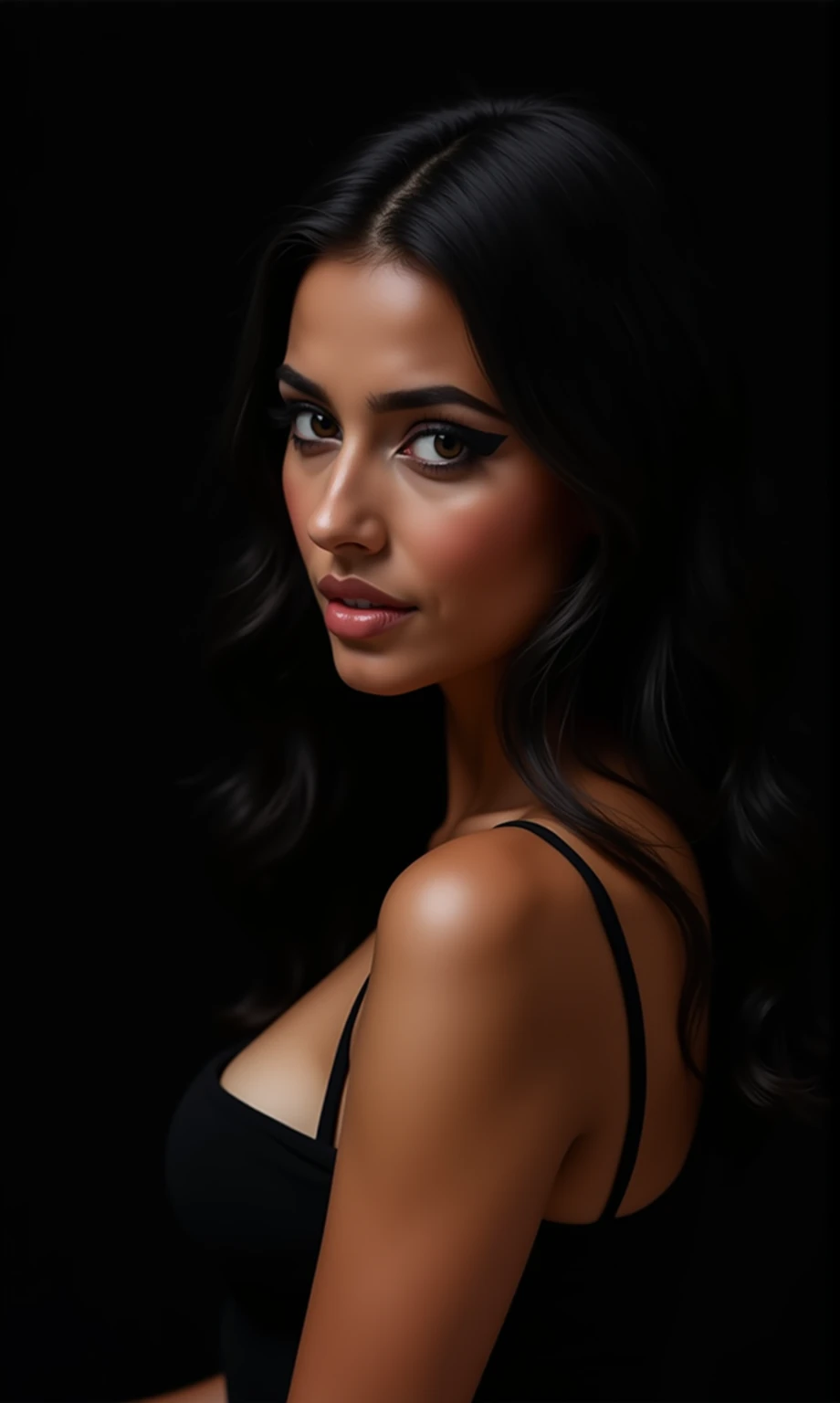 score_9, score_8_up, score_7_up, score_6_up, photo, realism, photorealistic, professional portrait, from side, fashion model, Brazilian, dark-skinned, brown eyes, big lips, makeup, black eyeliner, black hair, long hair, cleavage, looking at viewer, half-tu...