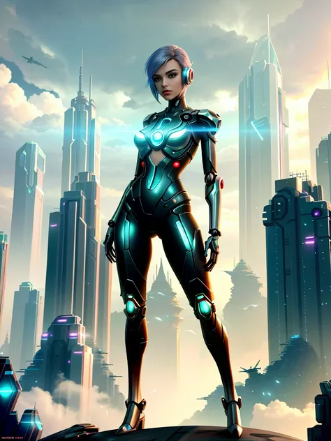 Futuristic 1  beautiful woman and 1 handsome men in futuristic city with futuristic futuristic city in background, Translucent mechanical girl，Mechanical joints, Beautiful sci-fi art, Science-fi digital art illustration, Digital cyberpunk art, science fict...