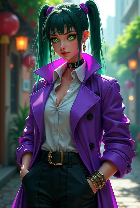 I would like a woman with dark green hair with purple tips, styled in pigtails. She has bright green eyes, fair skin, makeup, earrings, and appears mature. She wears a purple trench coat with neon-like glows, a tie, a white shirt underneath, black pants, a...