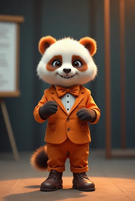 科学技術に関するスタジオでの講演会で、 I want you to play a cute panda dressed in elegant orange clothes at a studio lecture about science and technology 