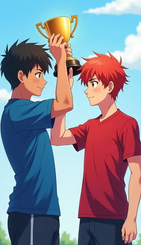 (((anime type image))), (( Young man)), (((Two young people looking at each other ,  one wearing a red shirt and red hair ))) ( holding up a trophy ) (clothes in the shade of gradient blue )  soccer player,  black hair,  brown-eyed , athlete&#39;s body, sm...