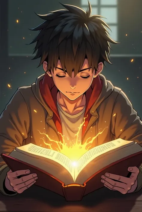 Pictures of a cowardly young man trying to open a book. He extends his hand to open it very carefully while he is afraid. The book has a golden light between the folds of its pages and the light shines outside the book in a fantasy anime drawing system