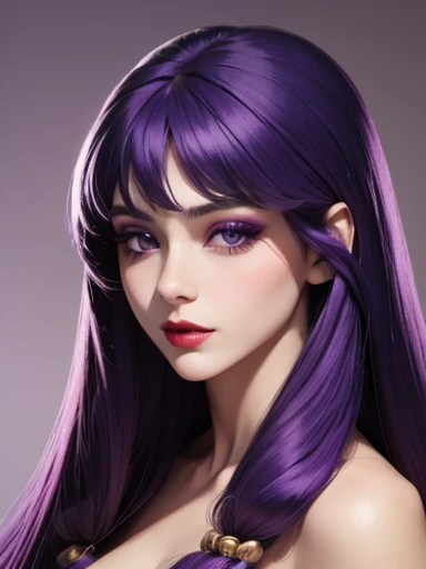 shampoo,   delicate face  ,  violet eyes , perfect detailed full lip makeup  ,   red lipstick,  very long purple hair ,   Not suitable for work , big, ,    slim body ,    realistic   