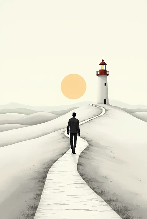 " An uphill path illuminated by a lighthouse in the distance ,  with a figure that walks step by step towards the light ,  symbol of the journey to the objectives . Minimalist illustration , Line Art,  soft contours and white spaces for possible annotation...