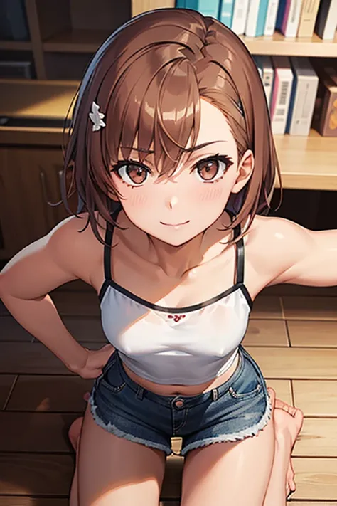 misaka mikoto、 shiny hair,  short hair, ( beautiful brown eyes、)、smile、 super detailed eyes、((hair clip)), highly detailed faces being avenged,  highly detailed eyes ,cowboy shot,、( One Girl )、 ,Master Piece,  top quality ,  high res, masterpiece , 




(m...