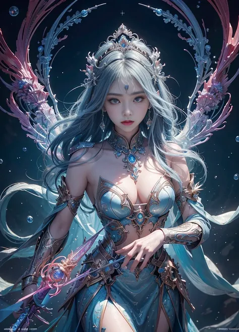 A korean water goddess is wearing a magnificent carved crystal armor, holding a shining sword in both hands with a red aura radiating,by Minjae Lee,Carne Griffiths,Emily Kell,Geoffroy Thoorens,Aaron Horkey,Jordan Grimmer,Greg Rutkowski,amazing depth,master...