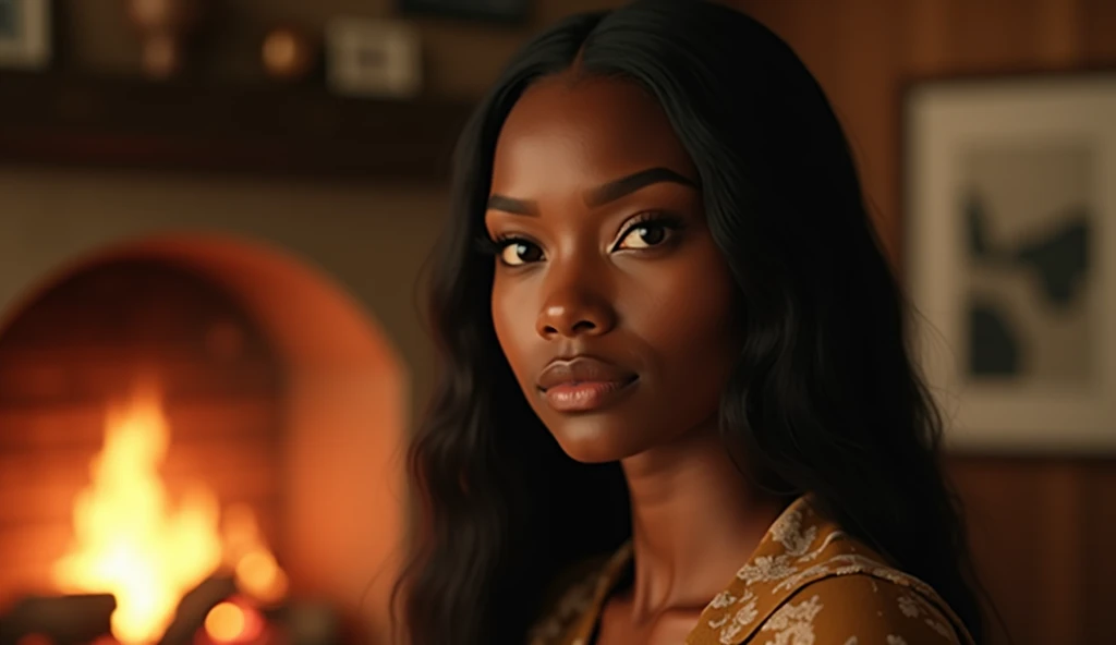 une très belle femme africaine de 22 ans, teint clair,  straight and long hair . Next to the chimney.  ultra realistic 