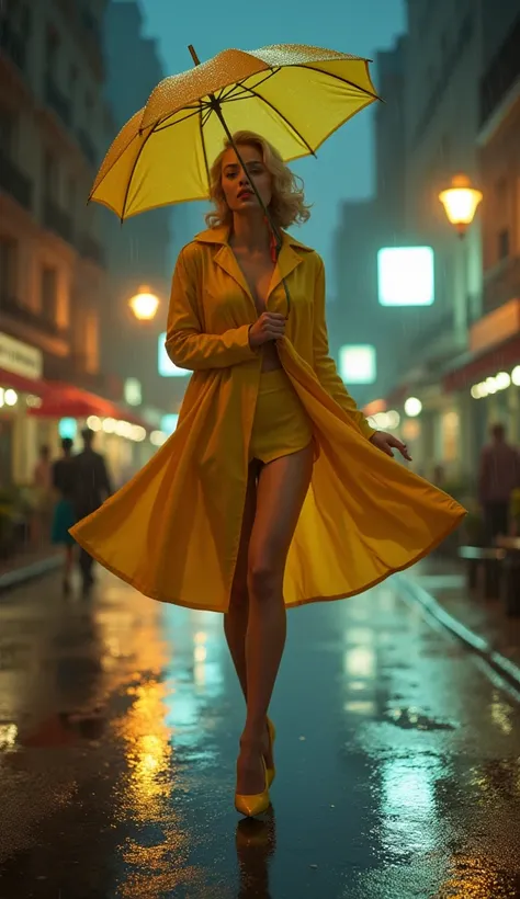 (((Ultra-realistic))) (((photorealism:1.2))), cinematic 1950s atmosphere, aerial view of a Thai woman with blonde, tan fair skin, tall, slender legs, dancing elegantly with an umbrella in the rain, wearing a vibrant yellow raincoat with a hood, on a retro ...