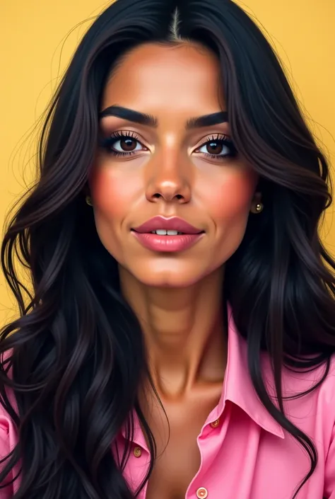 close-up of a woman with long hair and a pink shirt, a portrait inspired by Gina Pellón , Reddit, naive art, Julia Fontes, Alanis Guilherme, Violet Myers, close up profile photo, Beautiful Mexican woman, lorena greed, alexandria ocasio-cortez, alexandria o...