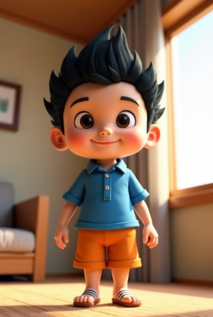 boy with big head funny happy with black hair standing on end, big brown eyes, in blue shirt with white collar and ocher short pants like suneo in DORAEMON cartoon, in the guest room japanese interior, hyper realistic, high detail, 8k ultra
