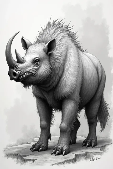 Boar drawing with rhinoceros horn and grizzly legs and scorpion tail and white wolf fur 