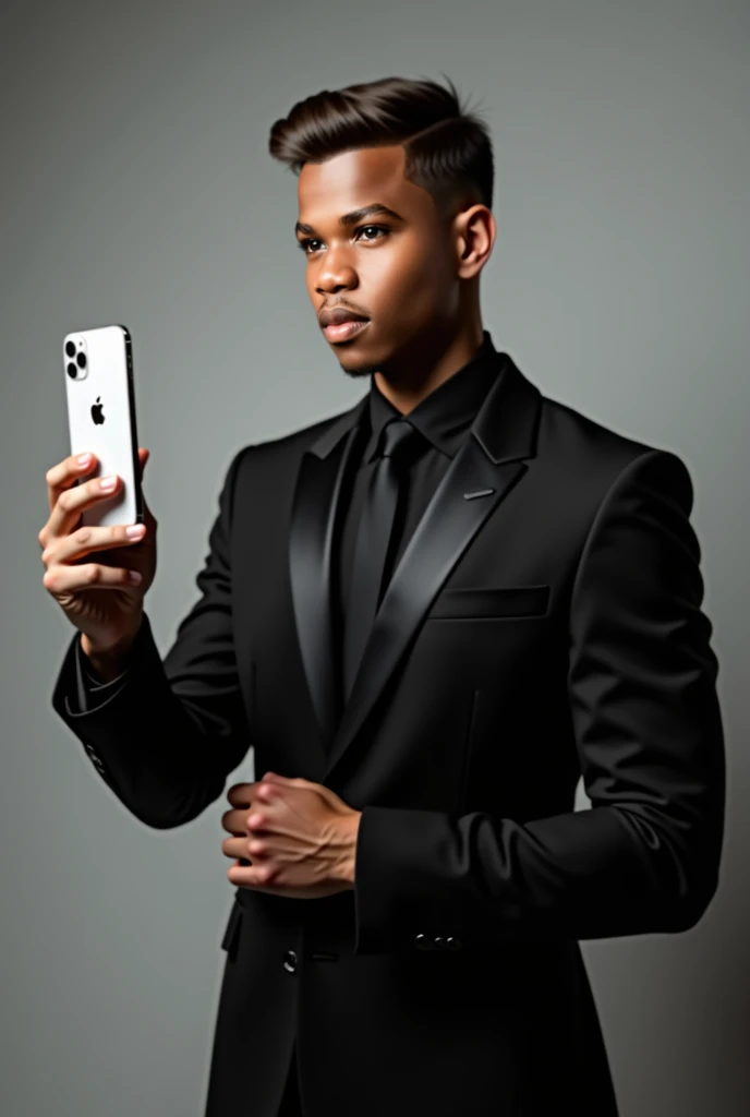 rolls royce best digain and handsome man  black uniform in light brown skin colour  holding the latest iphone