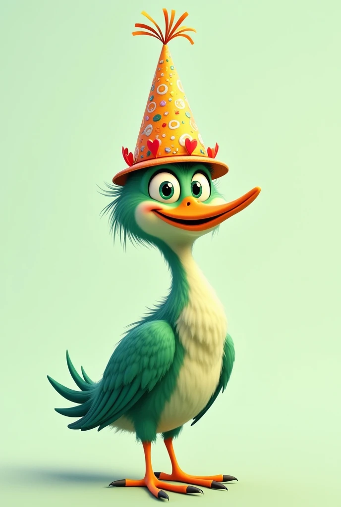 image of an animated green heron wearing a birthday hat