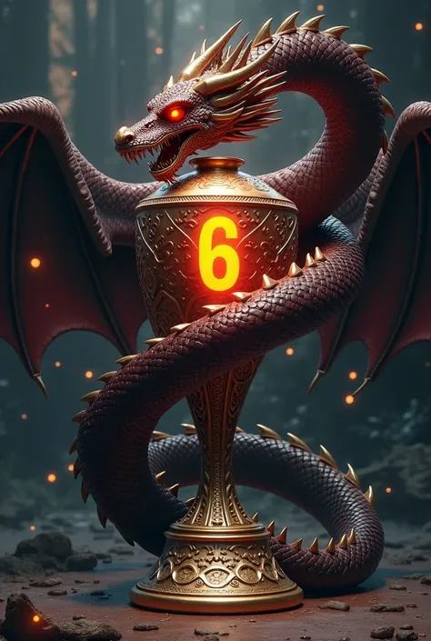 Style anime creates a Champions Cup with the number 6 metallic engraved in the center and a black and red dragon with a wing surrounding the cup with its body 