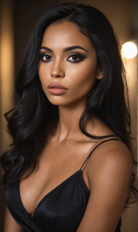 score_9, score_8_up, score_7_up, score_6_up, photo, realism, photorealistic, professional portrait, fashion model, Brazilian, dark-skinned, brown eyes, big lips, makeup, black eyeliner, black hair, long hair, black camisole, cleavage, looking at viewer, ha...