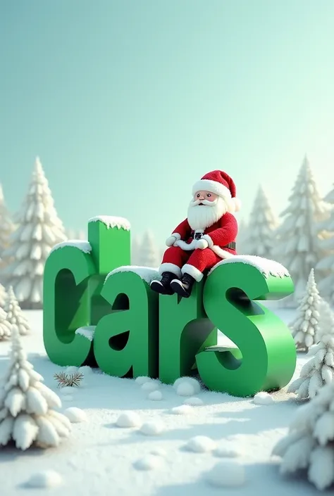 The word “plates cars” is green, with Santa Claus sitting on it in the middle of the snow, 3D