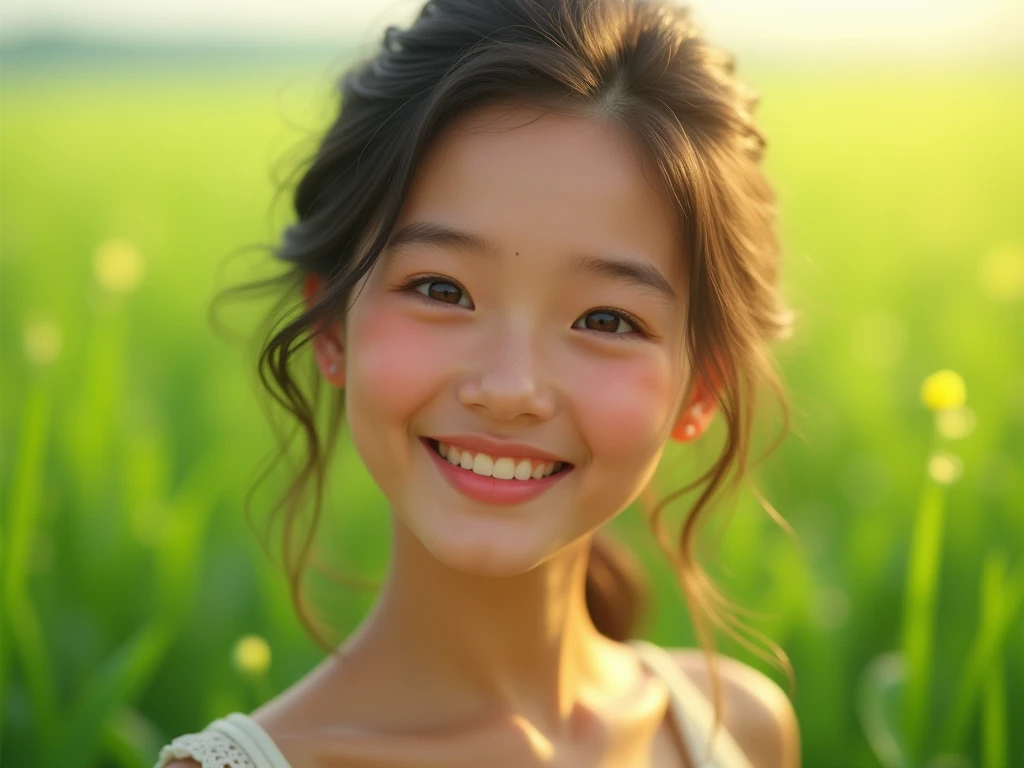 create a picture of a happy beautiful woman with a plain backround of green color