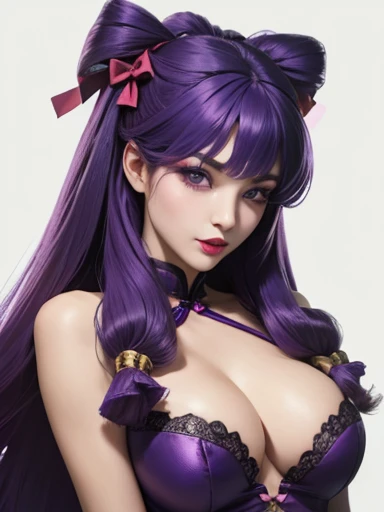 shampoo,   delicate face  ,  violet eyes , perfect detailed full lip makeup  ,   red lipstick,  very long purple hair with Chinese bows,   Not suitable for work , big,  big breasts  , perfect detailed slender body  ,    realistic   