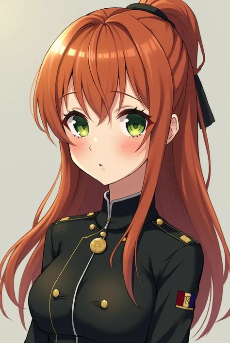 *She has burnt orange hair (butterfly long haircut style) light brunette medium height pale green eyes and light freckles black military uniform more comfortable style(Anime manga style) she has a sickle and is short