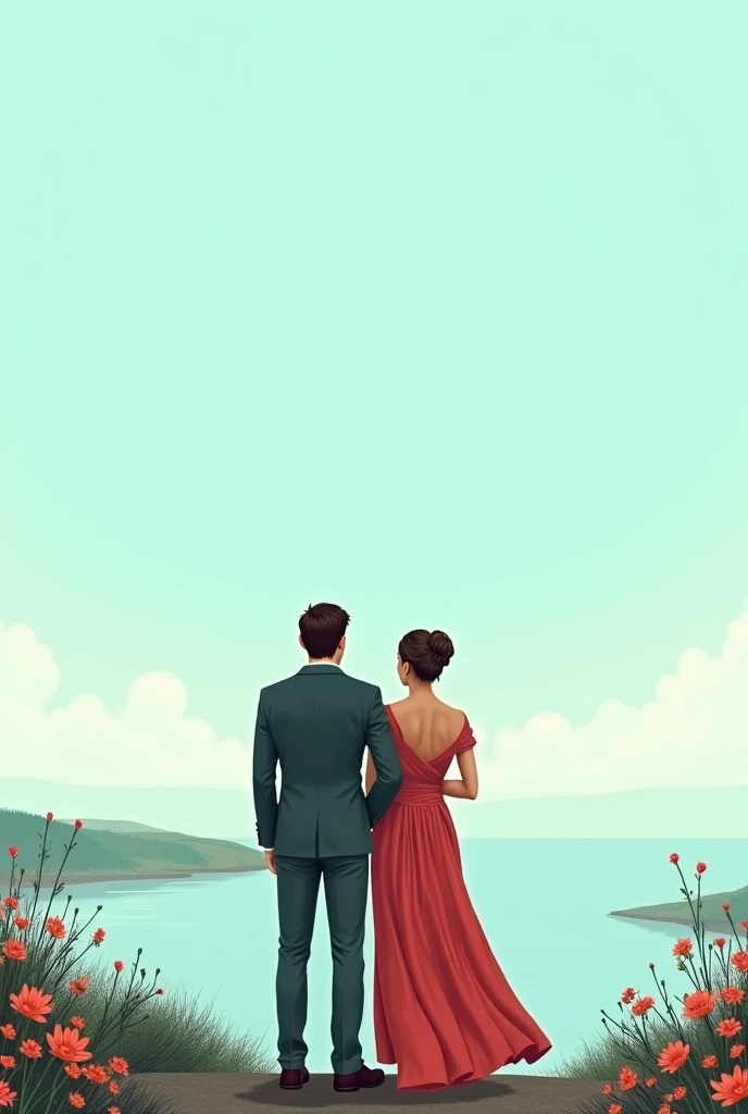  A book cover with a light blue , Italian-style romance ,  and a couple turned their backs looking at the horizon I want it in style cover