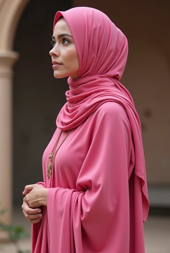 Islamic woman in pink cloth is speaking